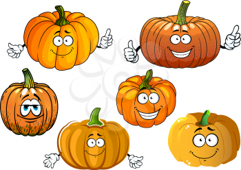 Funny orange pumpkin vegetables cartoon characters with cheerful smiling faces for agriculture and veggies design
