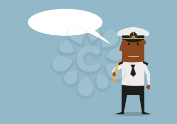 Ship captain in white uniform and cap holding spyglass in hands with blank speech bubble above head. Cartoon style