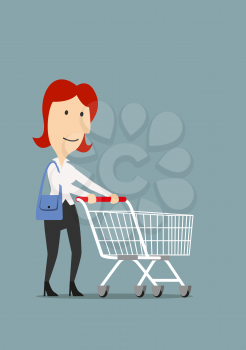 Joyful redhead businesswoman with handbag pushing shopping cart for shopping. Cartoon style