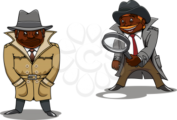 Funny smiling and serious black detectives or spy cartoon characters, one of them with magnifier in hand. For profession or investigation concept theme