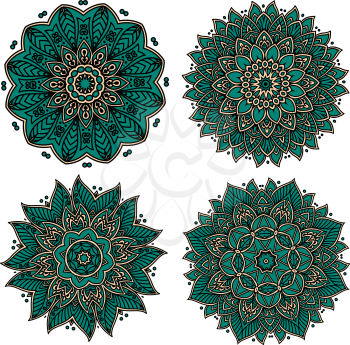 Dark green elegant circular flourish patterns, composed of fragile flower petals with curlicues and wavy lines, for textile or lace embellishment design