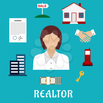 Realtor profession flat icons with woman real estate agent, key, home, apartment house, sale sign, contract, money, handshake and telephone 