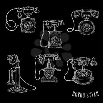 Vintage rotary dial telephones isolated sketch icons for telecommunication or retro concept design