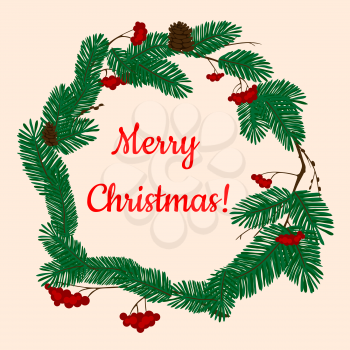 Christmas wreath decorated by green branches of pine and fir trees with cones and bunches of red holly berries with text Merry Christmas
