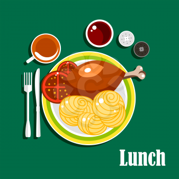 Lunch dishes served on the table with chicken leg, egg noodles nests and tomato slices on plate. Also cup of tea, ketchup, salt and pepper shakers, fork and knife 