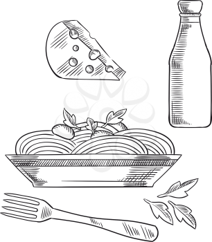 Healthy dinner of italian cuisine with pasta, garnished with basil leaves and sauce, cheese with holes and bottle of wine. Sketch style