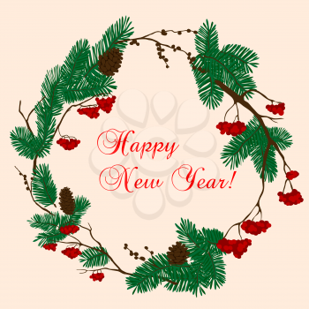 Christmas and New Year decorative wreath composed with pine and viburnum trees branches, adorned by cones and bunches of red berries with caption Happy New Year