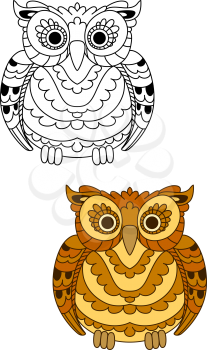 Brown and yellow forest owl with decorative spotted feathers. Cartoon colorful and outline style. Education, Halloween or wildlife theme