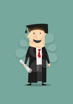 Cartoon happy student standing in black graduation gown and hat with diploma in hand. Education or graduation themes design
