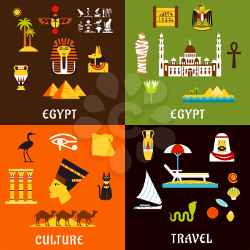Egypt travel flat icons with ancient history and culture, tourist services and comfortable beach vacation, architecture and nature landmarks