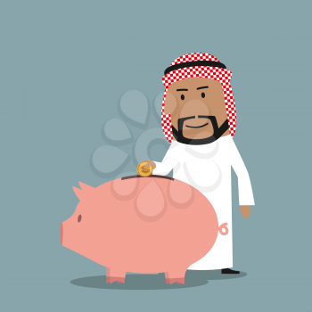 Smiling cartoon bearded arab businessman puts a golden dollar coin into piggy bank. Savings or investment concept
