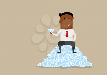 Cartoon wealthy black businessman sitting on heap of precious stones with large diamond in hand