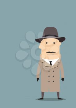 Cartoon mysterious spy, secret agent or detective in trench coat, felt hat and black gloves