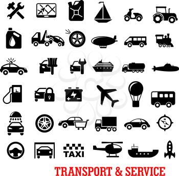 Transportation and car service black flat icons with car, truck, wheel, train, buses, ships, repair, motorcycle, airplane, helicopter, oil, taxi, tire, balloon sale wash tow sailboat fuel station traf