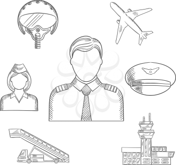 Pilot profession sketched icons with captain in uniform surrounded by stewardess, airplane, flight helmet, peaked cap, airport building and aircraft steps. Sketch style