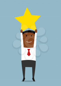 Climb to success concept. Cartoon smiling black businessman jumping and reaching to the golden star of success and luck
