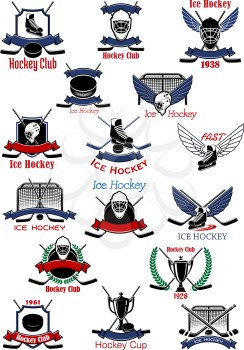 Ice hockey sporting icons and symbols design with crossed sticks, pucks, trophies, gates, goalie masks and skates, supplemented by ribbon banners, wings, wreaths and shields