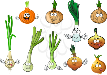 Cartoon green onions, fresh juicy leek and dried yellow bulb of common onions vegetables. Addition to recipe book, agriculture harvest or natural spices theme usage
