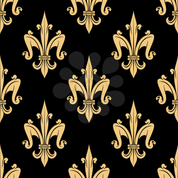 Luxury golden fleur-de-lis seamless pattern with royal floral ornament on black background. Usage for wallpaper or interior textile design