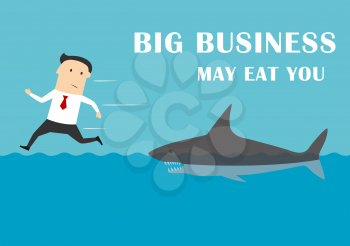 Big business may eat you small business concept. Dangerous shark of big business hunting for businessman