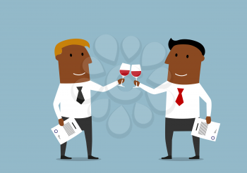 African american cartoon business partners toasting with red wine to celebrate a successful contract signing or partnership agreement. Business cooperation and success theme design