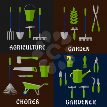 Tools for gardening and agriculture work with flat icons of shovels, rakes, pitchfork, buckets, axe, saw, shears, green plant, watering can, spray bottle, weeding hoes, sickle and wheelbarrow. Isolate