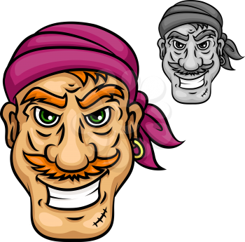Cartoon brutal smiling pirate or sailor with red moustache, violet bandana on head and gold earring. May be use as t-shirt print, marine, travel or adventure design 
