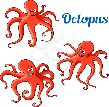Happy and funny cartoon red octopuses with wavy tentacles. Funny sea animal characters for mascot or t-shirt print design usage
