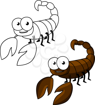 Cute little brown scorpion cartoon character with curved tail, ending with stinger. Children's book, astrology, zodiac or mascot design usage. Also outline version
