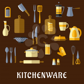 Kitchenware and utensil flat icons of pot, electric kettle, coffee and tea pot, cutting board, knives, forks, cup, glass, spoon, rolling pin, spatula, grater, whisk, jug, salt and pepper shaker, oven 
