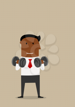 Confident smiling cartoon businessman with dumbbells in fitness gym during coffee break. Healthy life style and business power concept. Vector