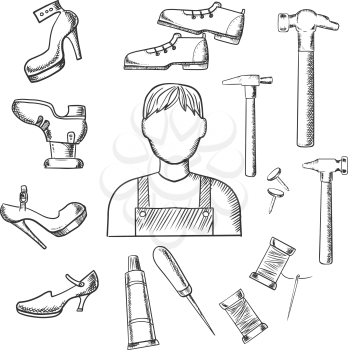 Shoemaker profession sketched icons depicting shoemaker with awl, heels, hammer, glue, nails and shoes