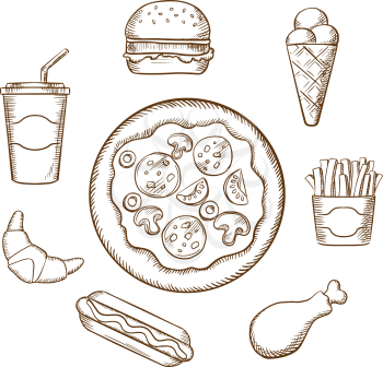 Fast food with pepperoni pizza, burger, soda, french fries, ice cream cone, hot dog, croissant and chicken leg. Sketch style vector icons
