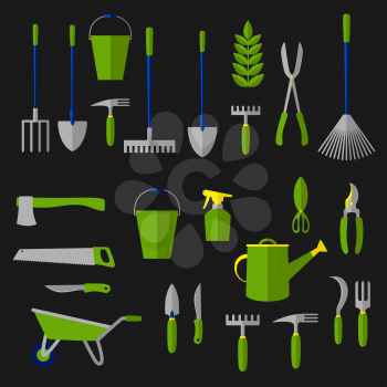 Agricultural and gardening tools with rakes, shovels, green plant, watering can, pitchfork, scissor, wheelbarrow, shears, trowel, buckets knife secateurs saw weeding hoes sprayer axe sickl