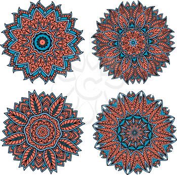 Decorative circular patterns of abstract red, pink and blue floral elements, curved lines and swirls. Floral design for interior accessories, tile and fabric usage