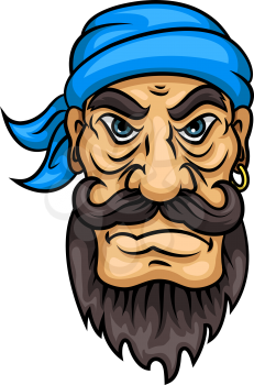 Dangerous cartoon pirate sailor or captain with curly black moustache and beard, blue bandanna and gold earring. Marine adventure, travel, mascot or piracy theme design