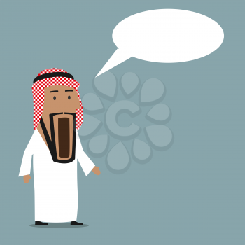 Cartoon shocked and surprised arab businessman standing with wide open mouth and speech bubble above head. Emotion expression, wow, omg or surprise concept