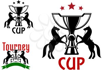 Equestrian sport tourney emblems with black silhouettes of trophy cups, with rearing horses on both sides, supplemented by barrier, ribbon banner and stars 