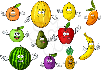 Healthy sweet red and green apples, peach, lemon, banana, pineapple, plum, watermelon, mango, avocado and melon fruits cartoon characters. Addition to recipe book, menu, kitchen or dessert food