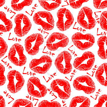 Lip prints and love seamless pattern with red heart shaped woman lipstick pattern and text Love
