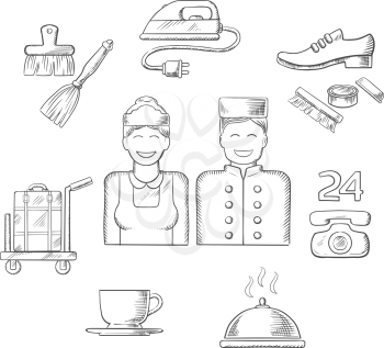 Hotel service icons in sketch style with bell boy, maid, ironing and breakfast, cleaning and laundry, luggage and shoeshine