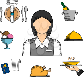Waiter profession sketched  icons with waitress in uniform surrounded by dinner, champagne and ice bucket, ice cream sundae, fried chicken, cloche and restaurant bill. Vector sketch illustration