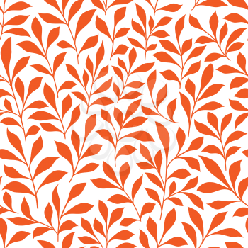 Seamless leafy branches pattern with bright orange leaves of wild herbs on white background. Use as fabric, wallpaper ornament or interior accessories design