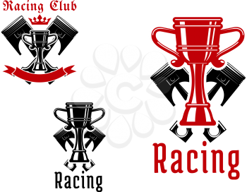 Racing sport club icons or symbols with crowned champion trophy cups and crossed pistons on the background, framed by empty ribbon banner and headers Racing Club