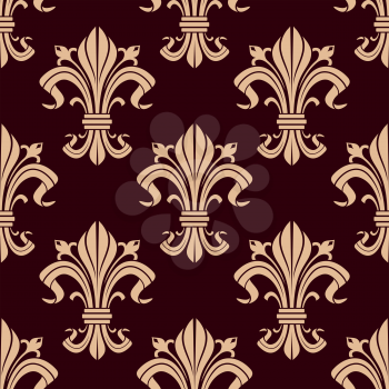Fleur-de-lis seamless pattern of victorian stylized lily flowers with beige curly leaves and fragile buds over maroon background. May be used as heraldic, historical backdrop or interior design