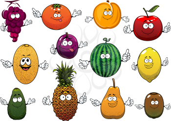Happy cartoon summer apple, orange, grapes, pineapple, peach, lemon, kiwi, watermelon avocado pear, plum, melon fruits. Funny fruits characters for healthy vegetarian menu or agriculture design