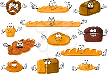Happy cartoon fresh bakery and pastry products with french baguette and croissant, long loaves, wheaten, rye and whole grain bread, cupcake, cinnamon roll, salted pretzel and plaited poppy seed bun