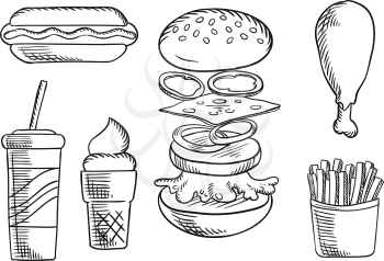 Fast food dinner menu isolated sketch icons of cheeseburger with beef patty, cheese, peppers, onion rings and lettuce, hot dog, fried chicken leg, french fries, soda cup and ice cream