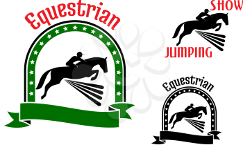 Equestrian sport symbols for show jumping or eventing design with riders and horses jumping over high hurdles. Framed by arch of stars, ribbon banner, text Equestrian or Show Jumping