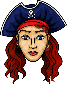 Pirate woman cartoon character with young redhead woman with long curly hair in pirate hat with jolly roger. Great for children books, marine adventure, traveling design usage